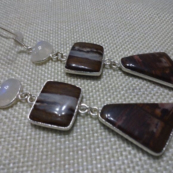 Natural COFFEE BEAN JASPER & MOONSTONE Handmade Sterling 925 Earrings #299C - Picture 1 of 3